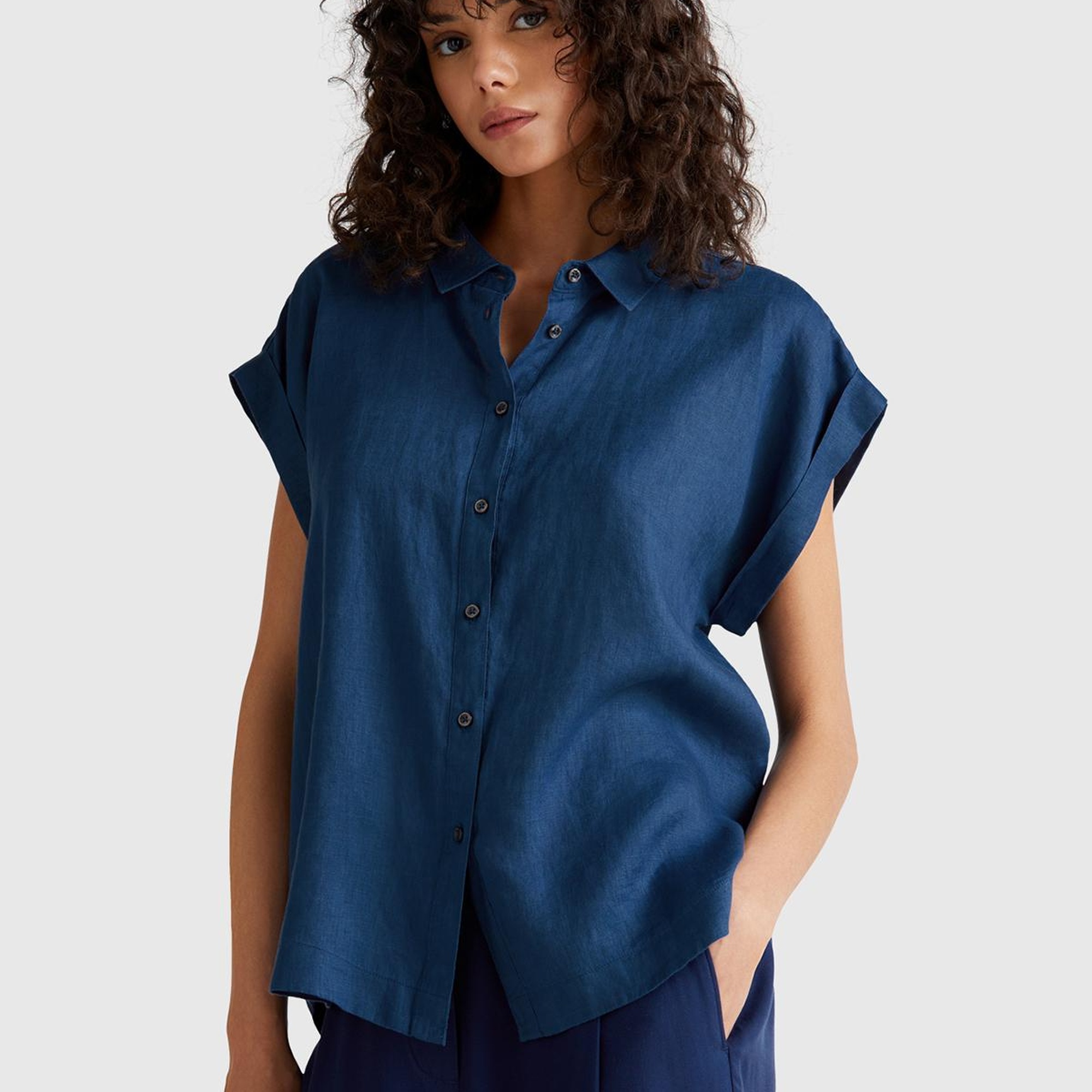 Kadın Denim %100 Keten Omuz Detaylı Kısa Kollu Gömlek