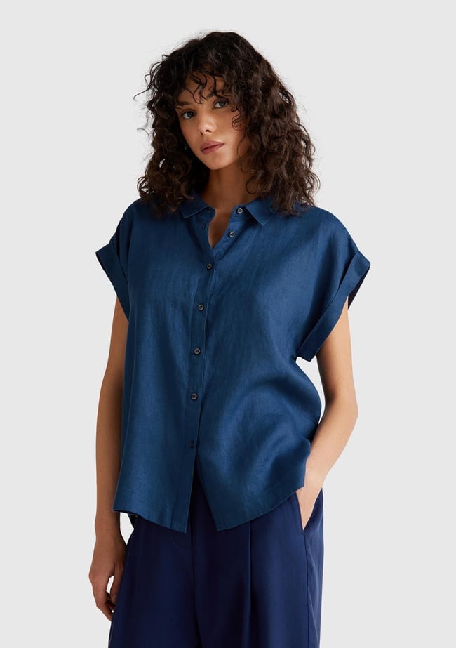  Kadın Denim %100 Keten Omuz Detaylı Kısa Kollu Gömlek