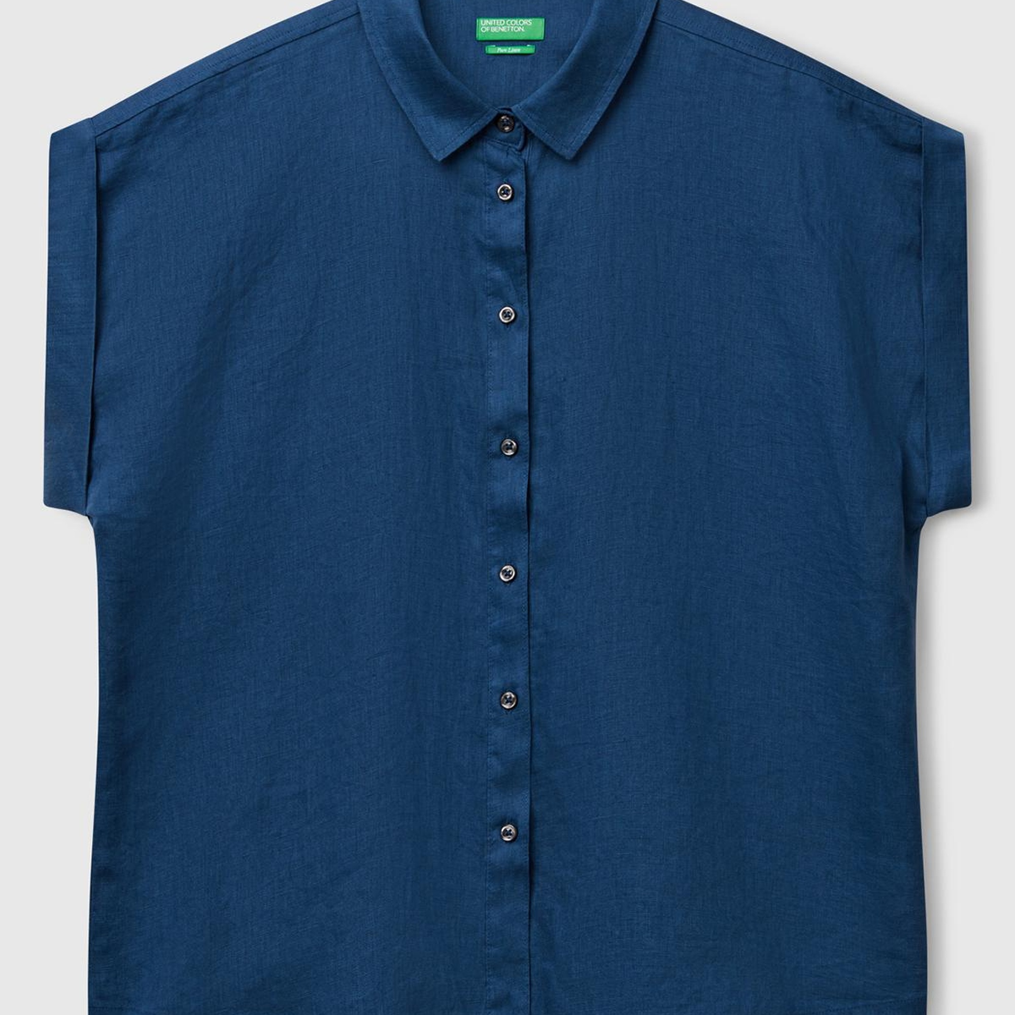 Kadın Denim %100 Keten Omuz Detaylı Kısa Kollu Gömlek