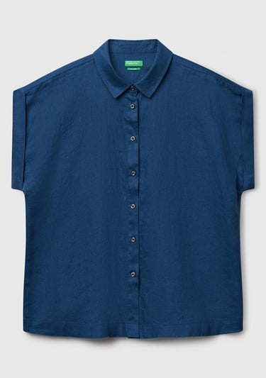  Kadın Denim %100 Keten Omuz Detaylı Kısa Kollu Gömlek