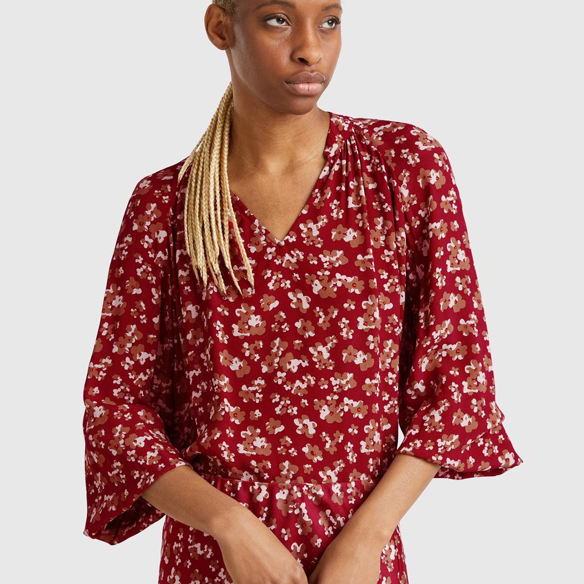 Kadın Bordo %100 Viskoz V Yaka Raglan Kol Bluz