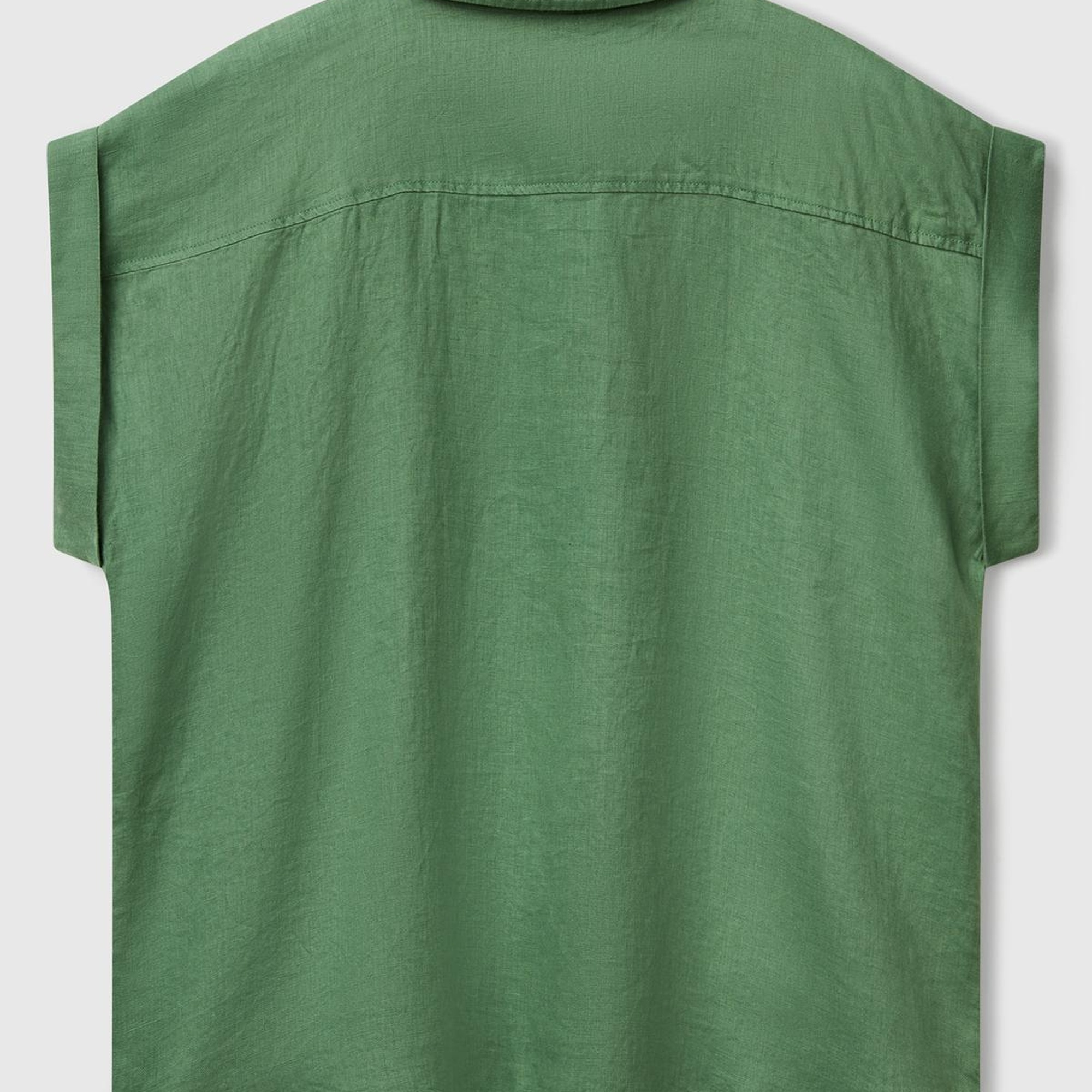 Kadın Açık Yeşil %100 Keten Omuz Detaylı Kısa Kollu Gömlek