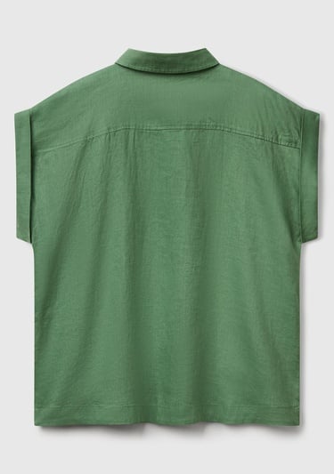  Kadın Açık Yeşil %100 Keten Omuz Detaylı Kısa Kollu Gömlek