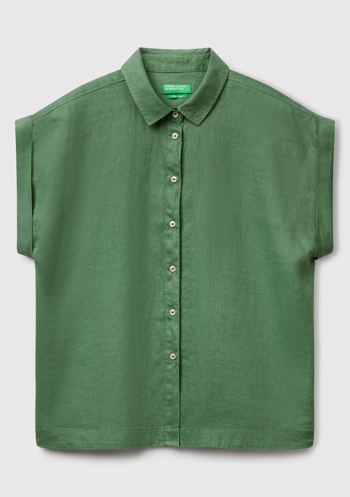  Kadın Açık Yeşil %100 Keten Omuz Detaylı Kısa Kollu Gömlek