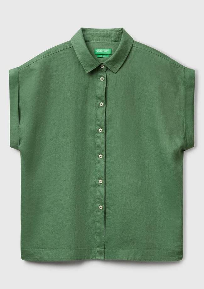  Kadın Açık Yeşil %100 Keten Omuz Detaylı Kısa Kollu Gömlek