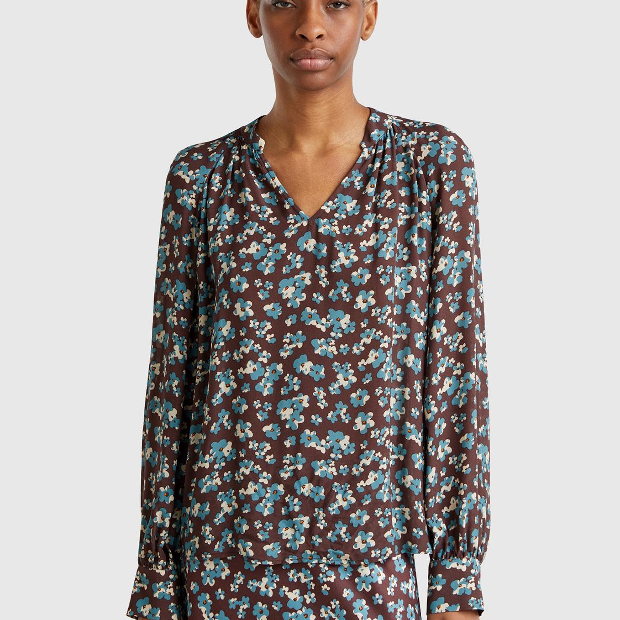 Kadın Kahverengi %100 Viskoz V Yaka Raglan Kol Bluz