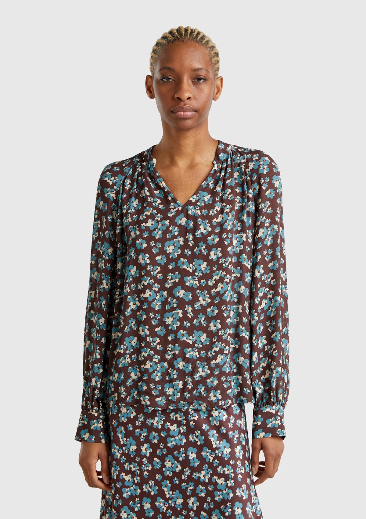  Kadın Kahverengi %100 Viskoz V Yaka Raglan Kol Bluz