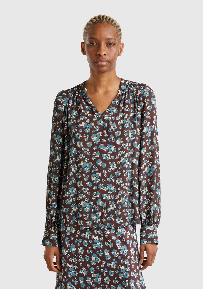  Kadın Kahverengi %100 Viskoz V Yaka Raglan Kol Bluz