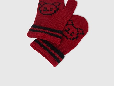  Erkek Çocuk Koyu Kırmızı Şerit Detaylı Hayvan Desenli Eldiven