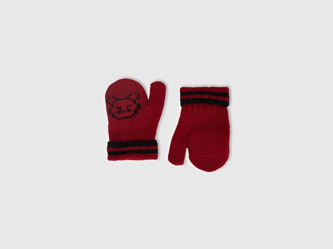 Erkek Çocuk Koyu Kırmızı Şerit Detaylı Hayvan Desenli Eldiven