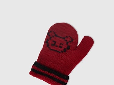  Erkek Çocuk Koyu Kırmızı Şerit Detaylı Hayvan Desenli Eldiven