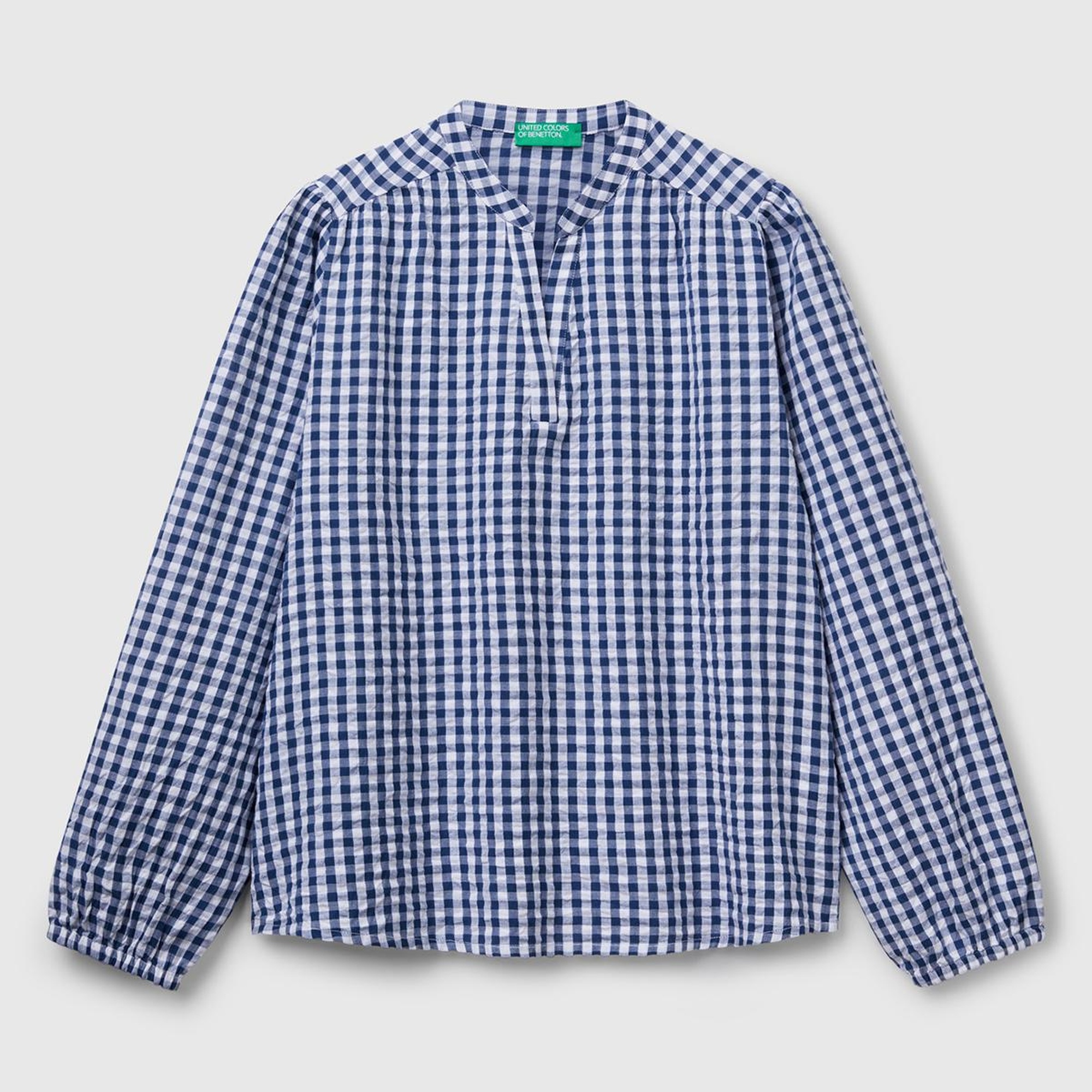 Kadın Mavi %100 Pamuk Pötikareli Relax Fit V Yaka Bluz