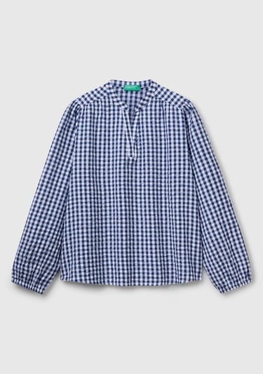  Kadın Mavi %100 Pamuk Pötikareli Relax Fit V Yaka Bluz