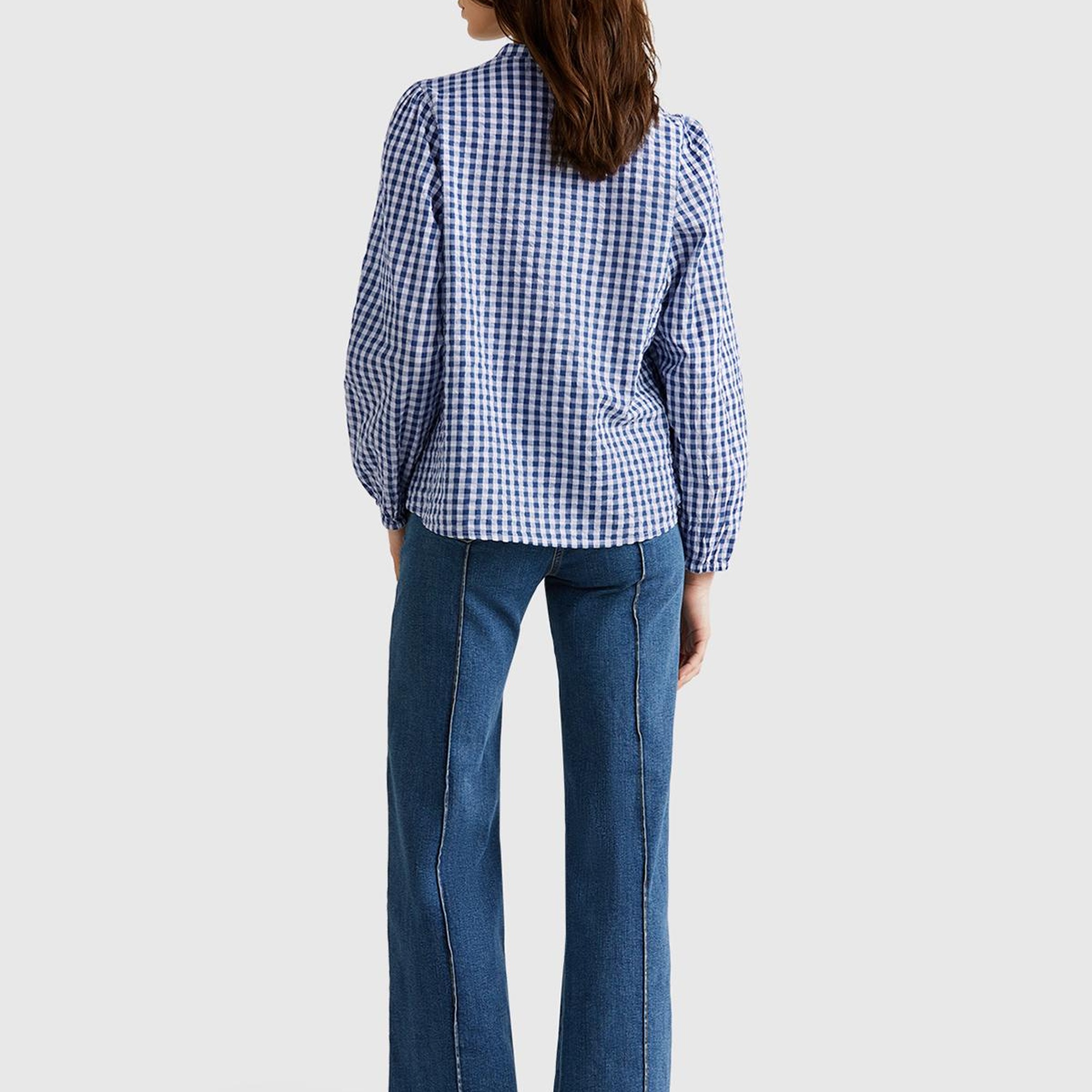 Kadın Mavi %100 Pamuk Pötikareli Relax Fit V Yaka Bluz