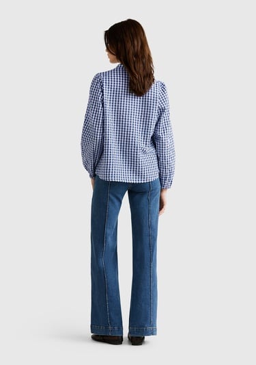  Kadın Mavi %100 Pamuk Pötikareli Relax Fit V Yaka Bluz