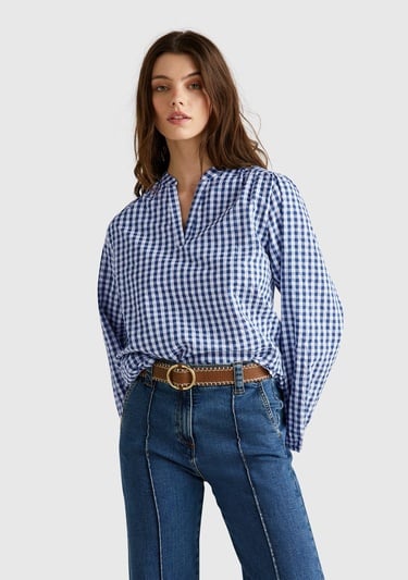  Kadın Mavi %100 Pamuk Pötikareli Relax Fit V Yaka Bluz