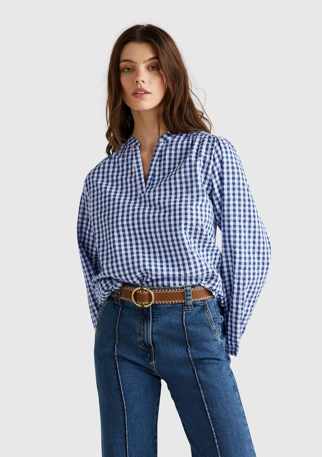  Kadın Mavi %100 Pamuk Pötikareli Relax Fit V Yaka Bluz