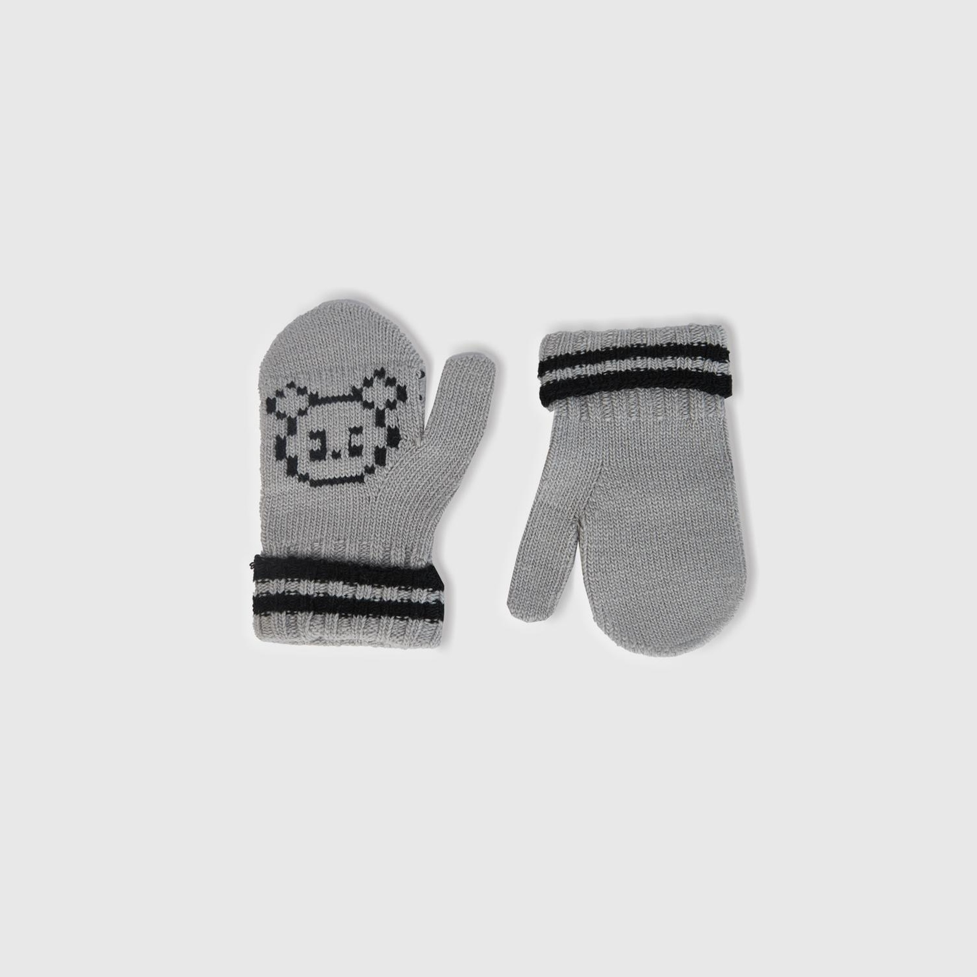 Erkek Çocuk Gri Melanj Şerit Detaylı Hayvan Desenli Eldiven