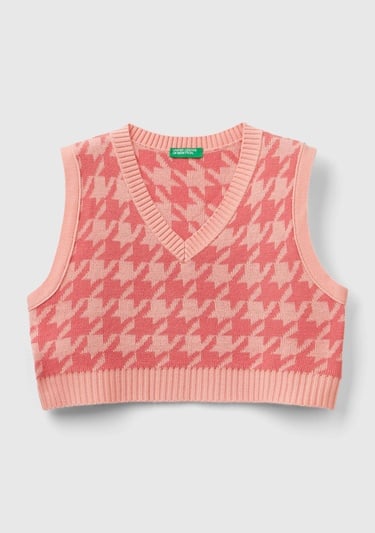  Kız Çocuk Pembe Tamamı Desenli V Yaka Crop Süveter