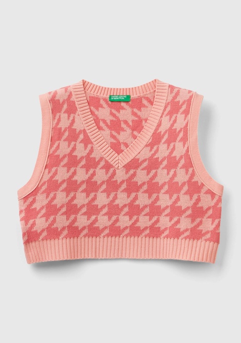  Kız Çocuk Pembe Tamamı Desenli V Yaka Crop Süveter