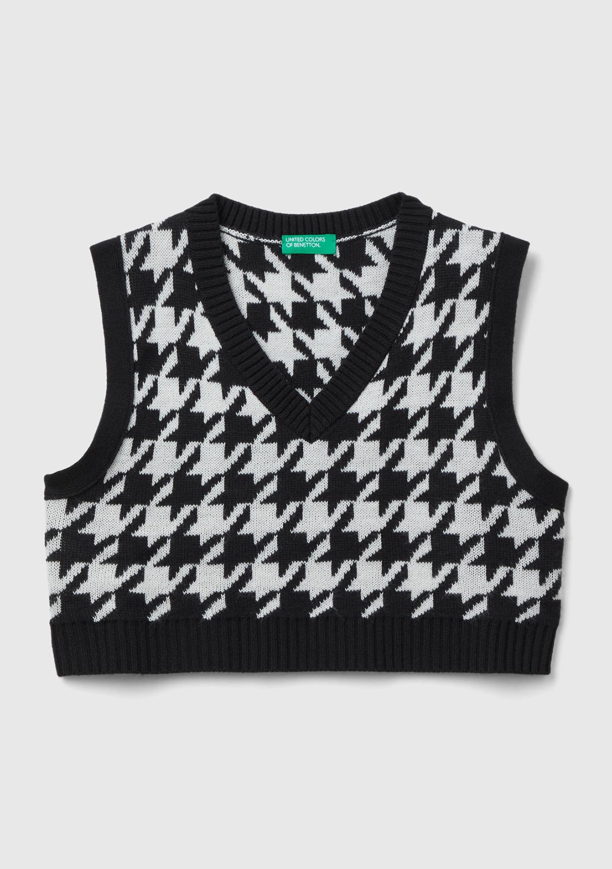  Kız Çocuk Siyah Tamamı Desenli V Yaka Crop Süveter