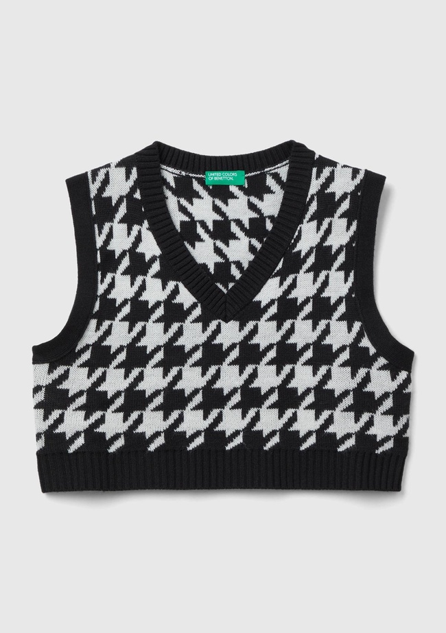  Kız Çocuk Siyah Tamamı Desenli V Yaka Crop Süveter