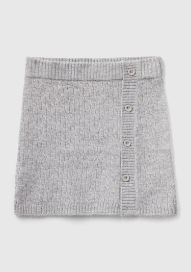  Kız Çocuk Gri Melanj Nakış İşlemeli Düğme Detaylı Etek