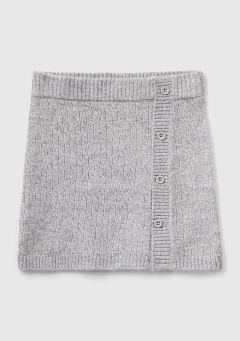  Kız Çocuk Gri Melanj Nakış İşlemeli Düğme Detaylı Etek