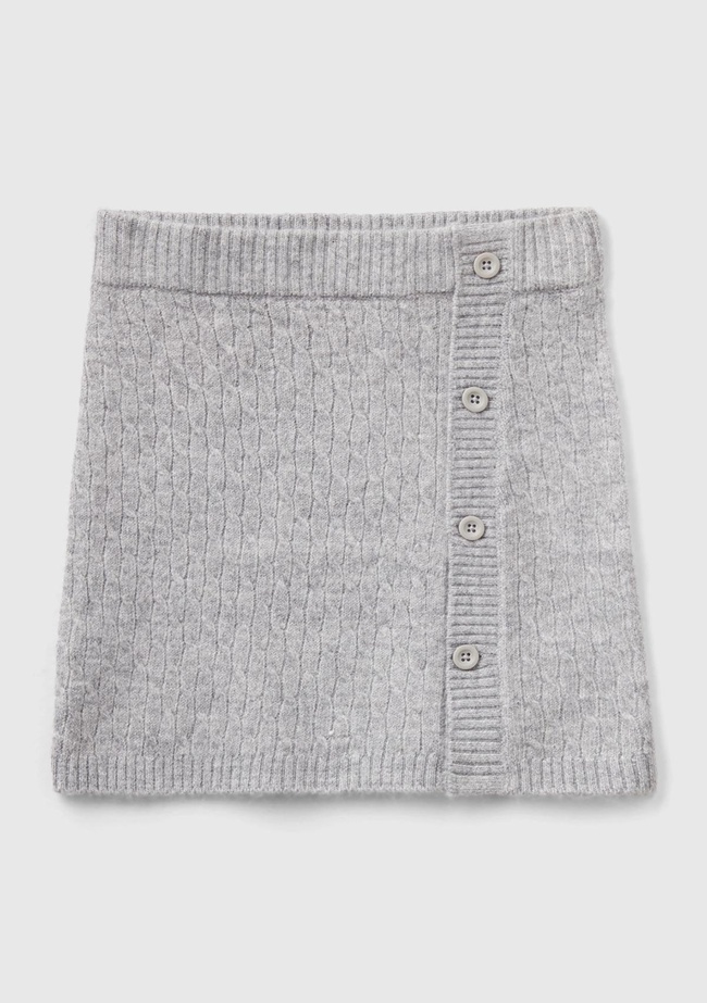  Kız Çocuk Gri Melanj Nakış İşlemeli Düğme Detaylı Etek