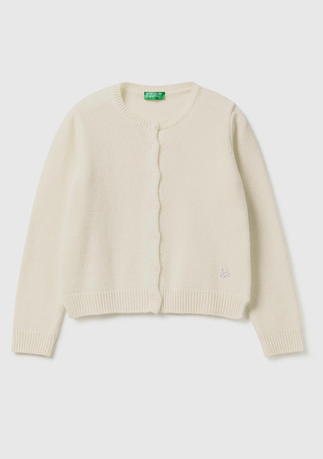  Kız Çocuk Krem Logo Detaylı Düğmeli Hırka