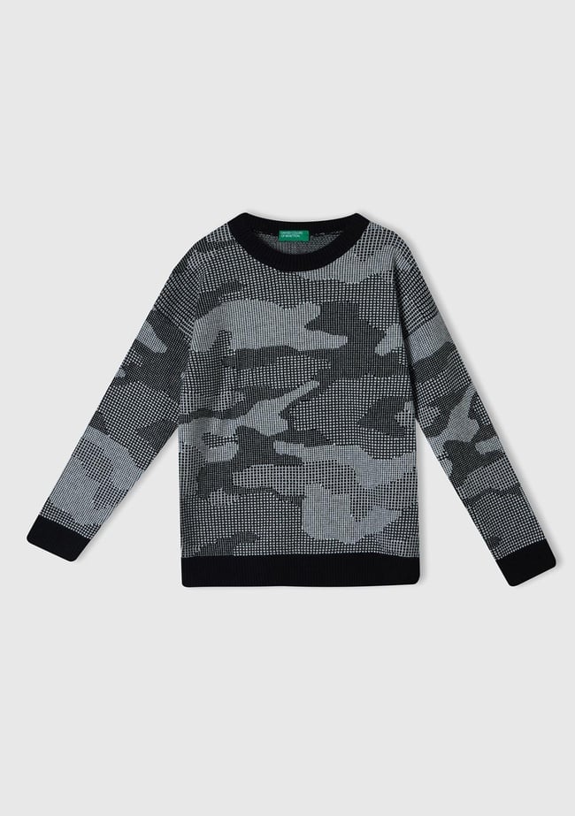  Erkek Çocuk Siyah Kamuflaj Desenli Kazak