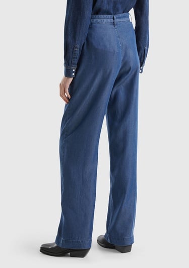  Kadın İndigo %100 Liyosel Kemer Delikli Beli İpli Geniş Paça Pantolon