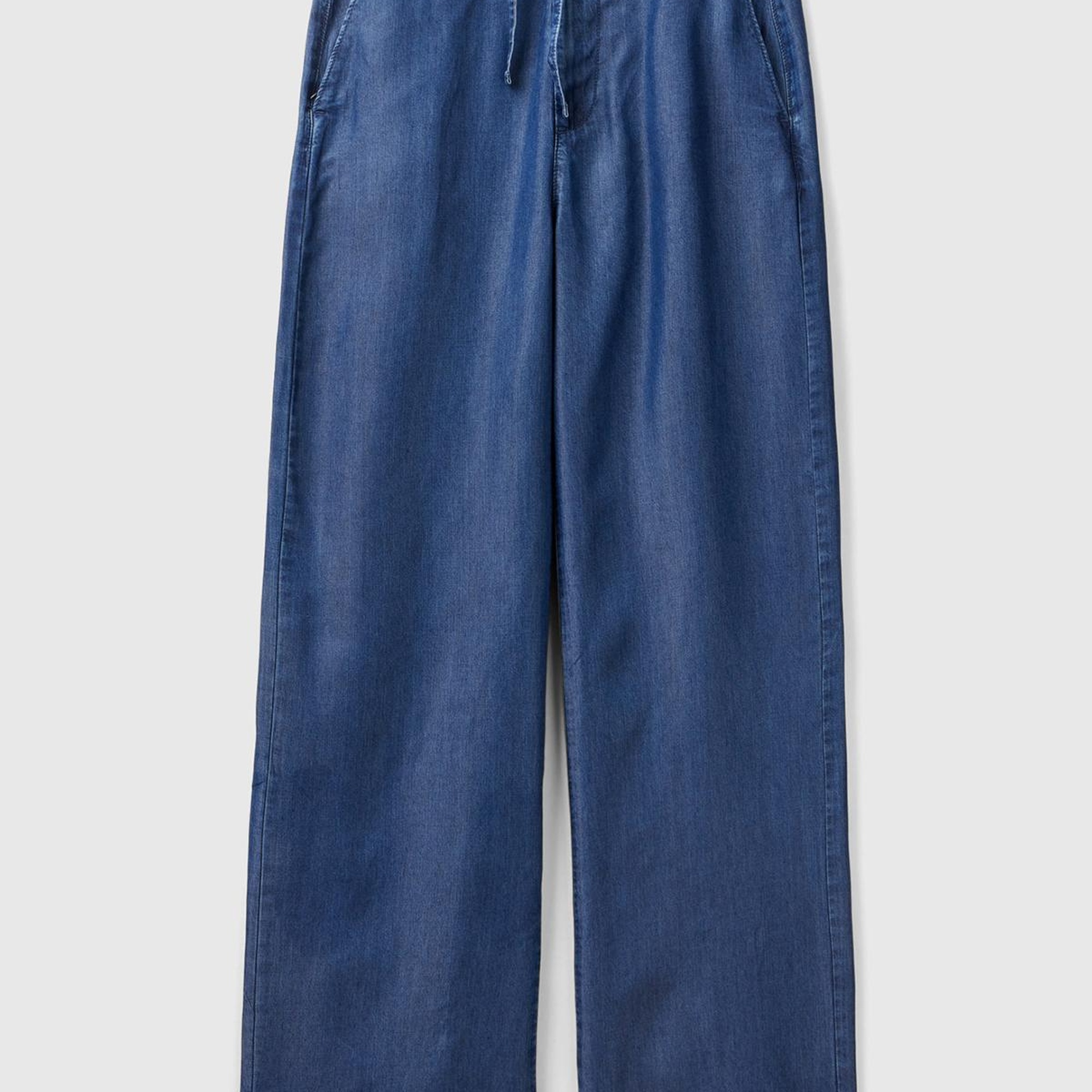 Kadın İndigo %100 Liyosel Kemer Delikli Beli İpli Geniş Paça Pantolon