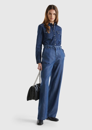  Kadın İndigo %100 Liyosel Kemer Delikli Beli İpli Geniş Paça Pantolon