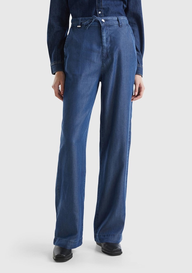  Kadın İndigo %100 Liyosel Kemer Delikli Beli İpli Geniş Paça Pantolon