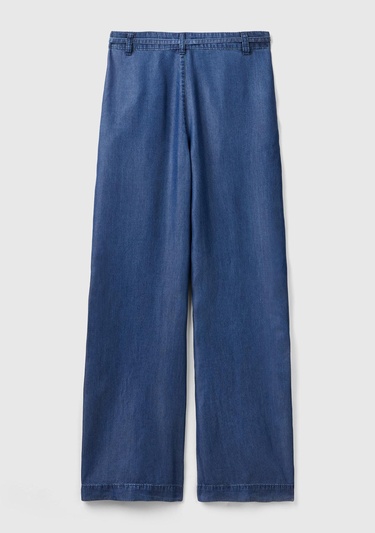  Kadın İndigo %100 Liyosel Kemer Delikli Beli İpli Geniş Paça Pantolon