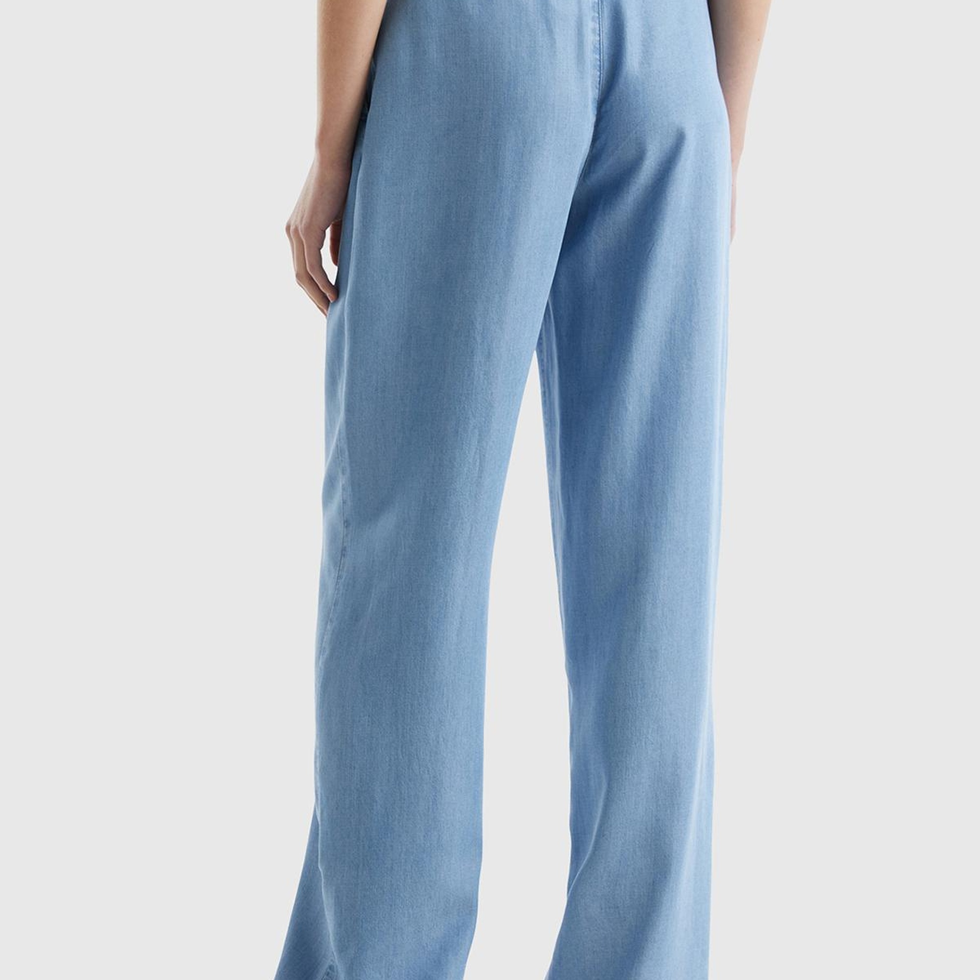 Kadın Mavi %100 Liyosel Kemer Delikli Beli İpli Geniş Paça Pantolon