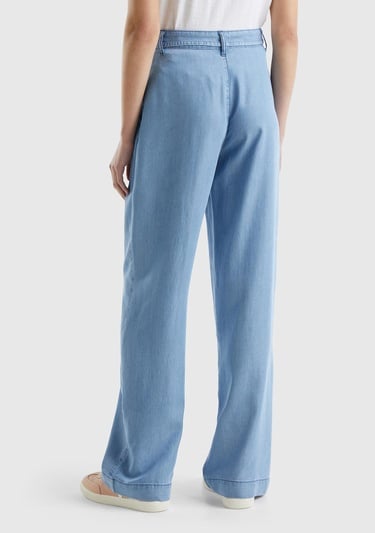  Kadın Mavi %100 Liyosel Kemer Delikli Beli İpli Geniş Paça Pantolon