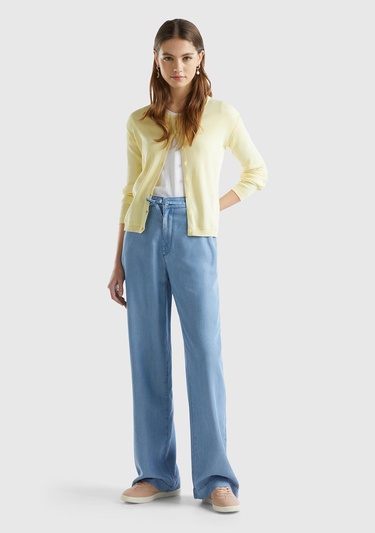  Kadın Mavi %100 Liyosel Kemer Delikli Beli İpli Geniş Paça Pantolon