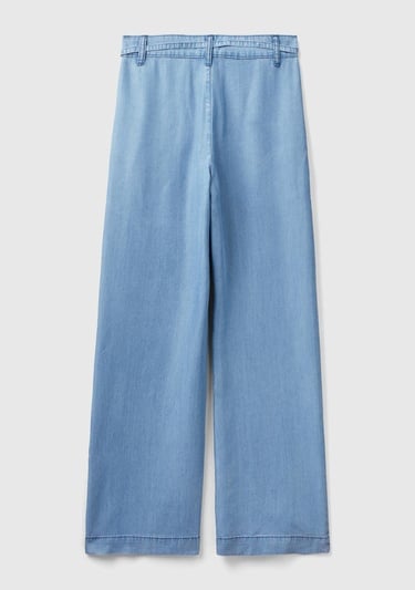  Kadın Mavi %100 Liyosel Kemer Delikli Beli İpli Geniş Paça Pantolon