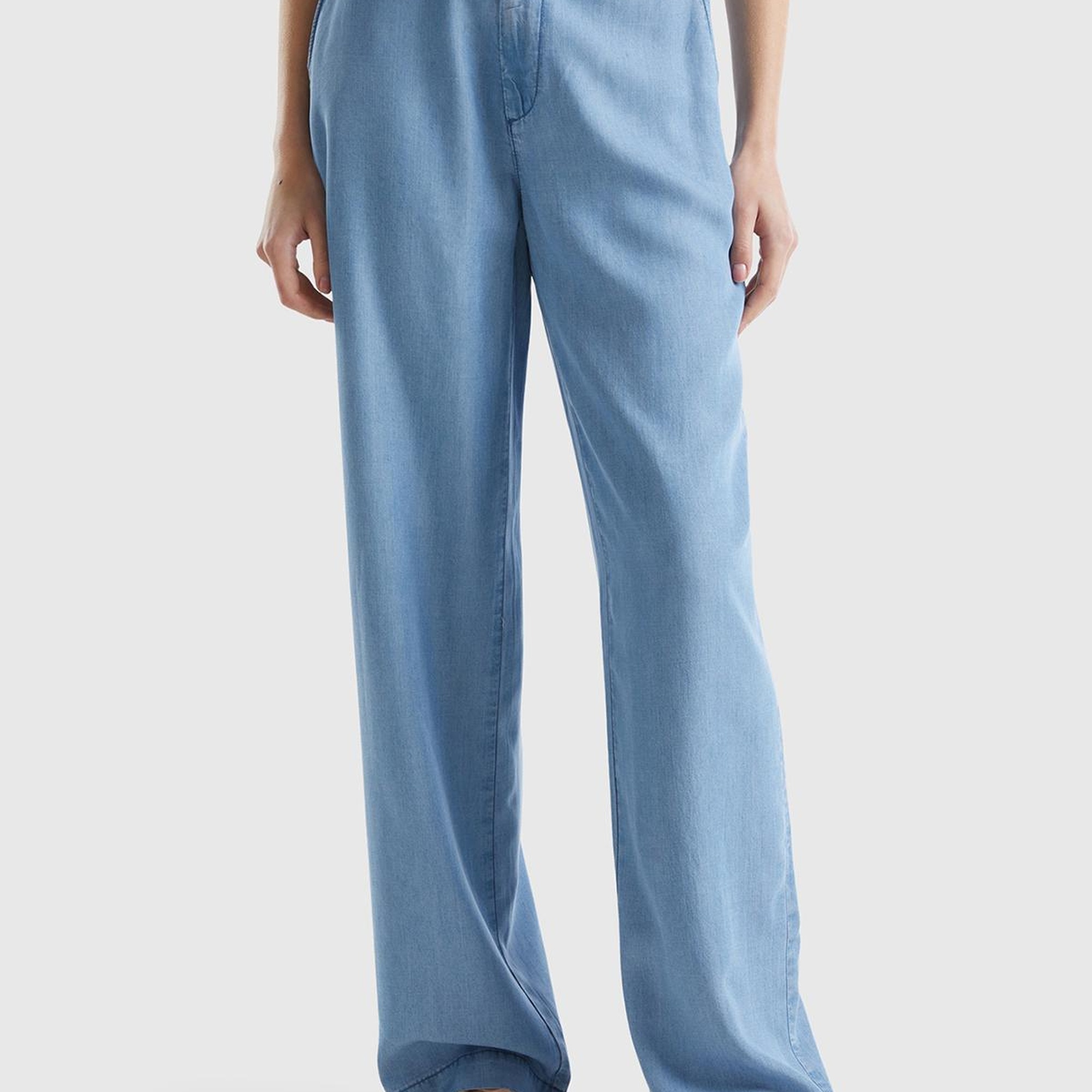 Kadın Mavi %100 Liyosel Kemer Delikli Beli İpli Geniş Paça Pantolon