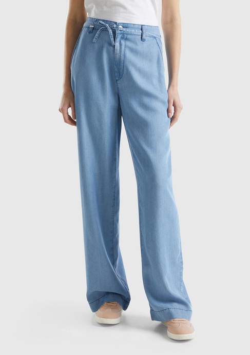  Kadın Mavi %100 Liyosel Kemer Delikli Beli İpli Geniş Paça Pantolon