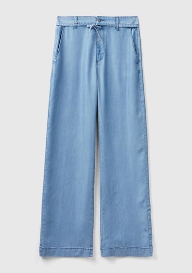  Kadın Mavi %100 Liyosel Kemer Delikli Beli İpli Geniş Paça Pantolon