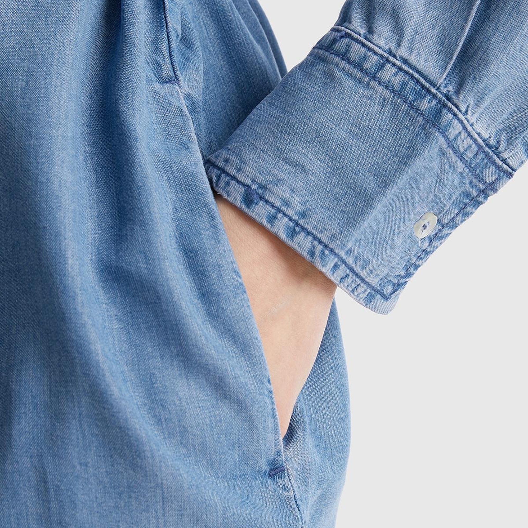 Kadın Mavi %100 Liyosel Göğsü Yama Cepli Belden Bağlamalı Denim Elbise