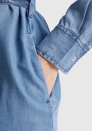  Kadın Mavi %100 Liyosel Göğsü Yama Cepli Belden Bağlamalı Denim Elbise