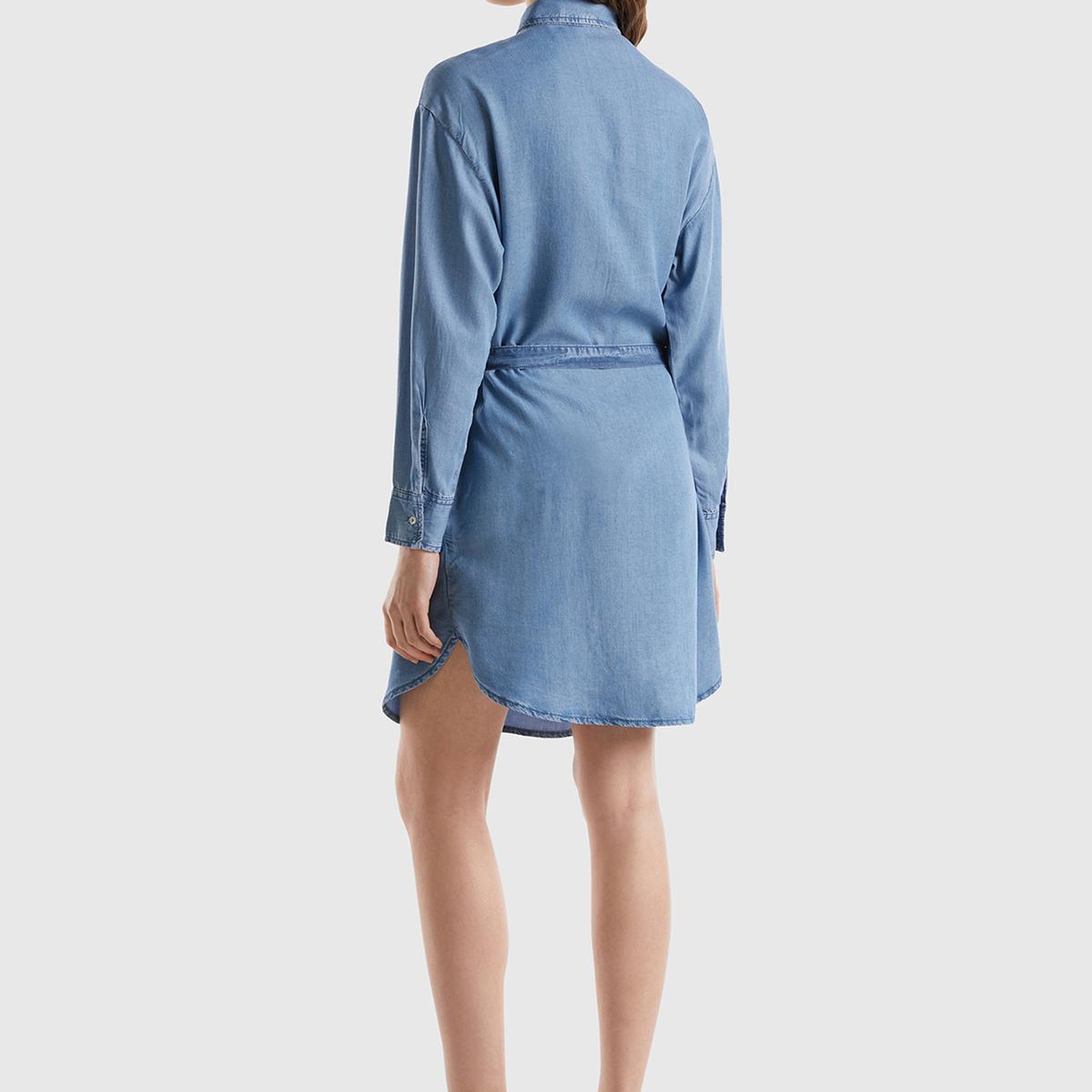 Kadın Mavi %100 Liyosel Göğsü Yama Cepli Belden Bağlamalı Denim Elbise