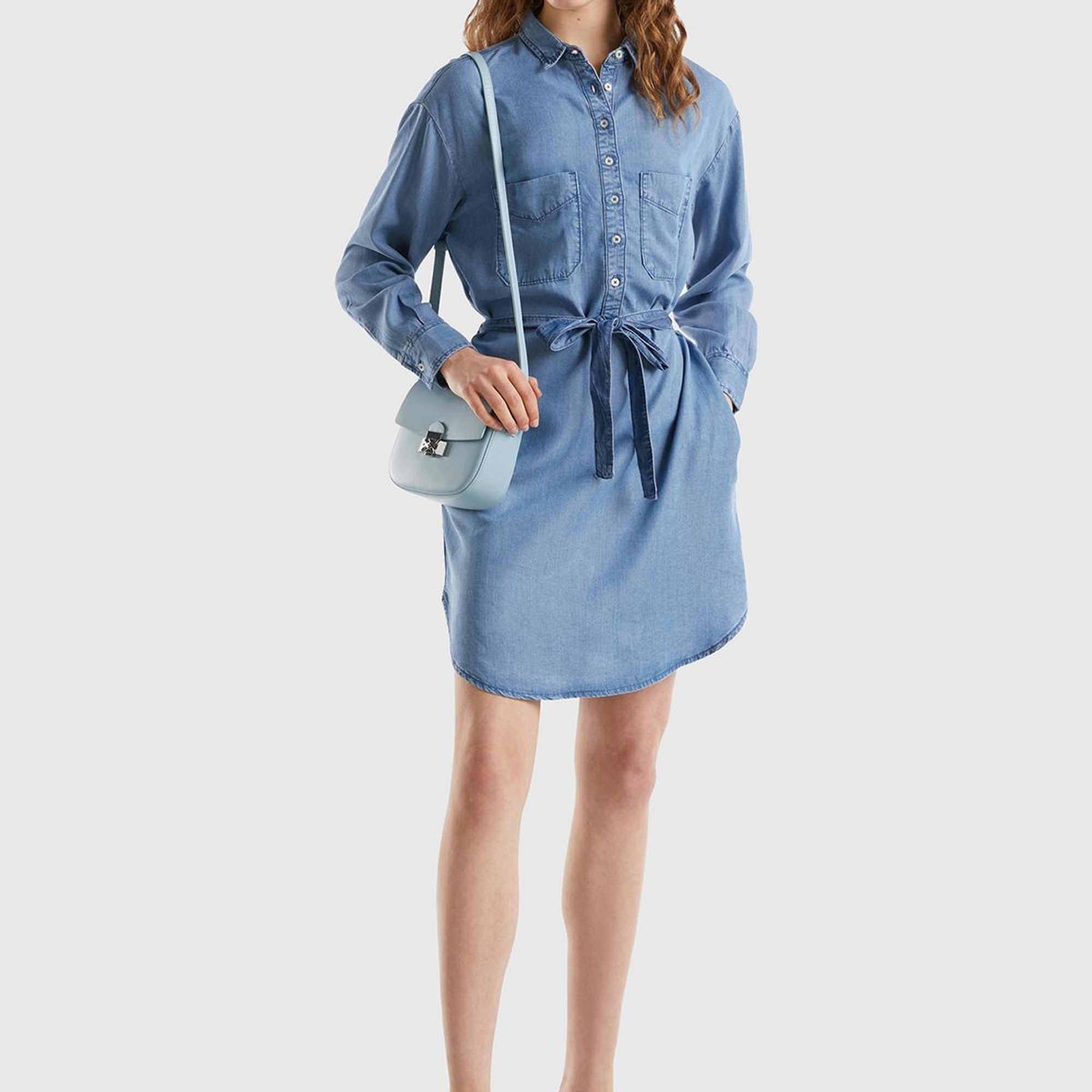 Kadın Mavi %100 Liyosel Göğsü Yama Cepli Belden Bağlamalı Denim Elbise