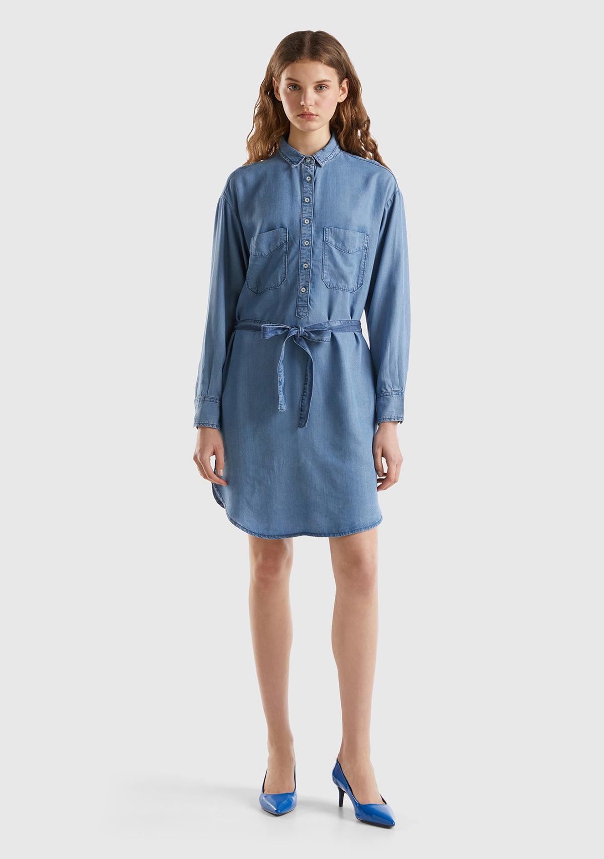 Kadın Mavi %100 Liyosel Göğsü Yama Cepli Belden Bağlamalı Denim Elbise
