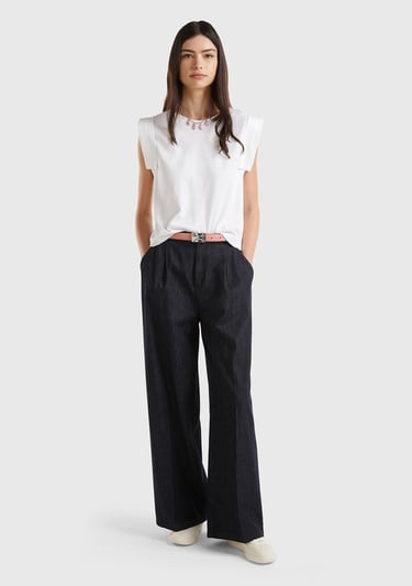  Kadın Siyah Pamuk Karışımlı Önü Pileli Beli Büzgülü Fermuarlı Pantolon