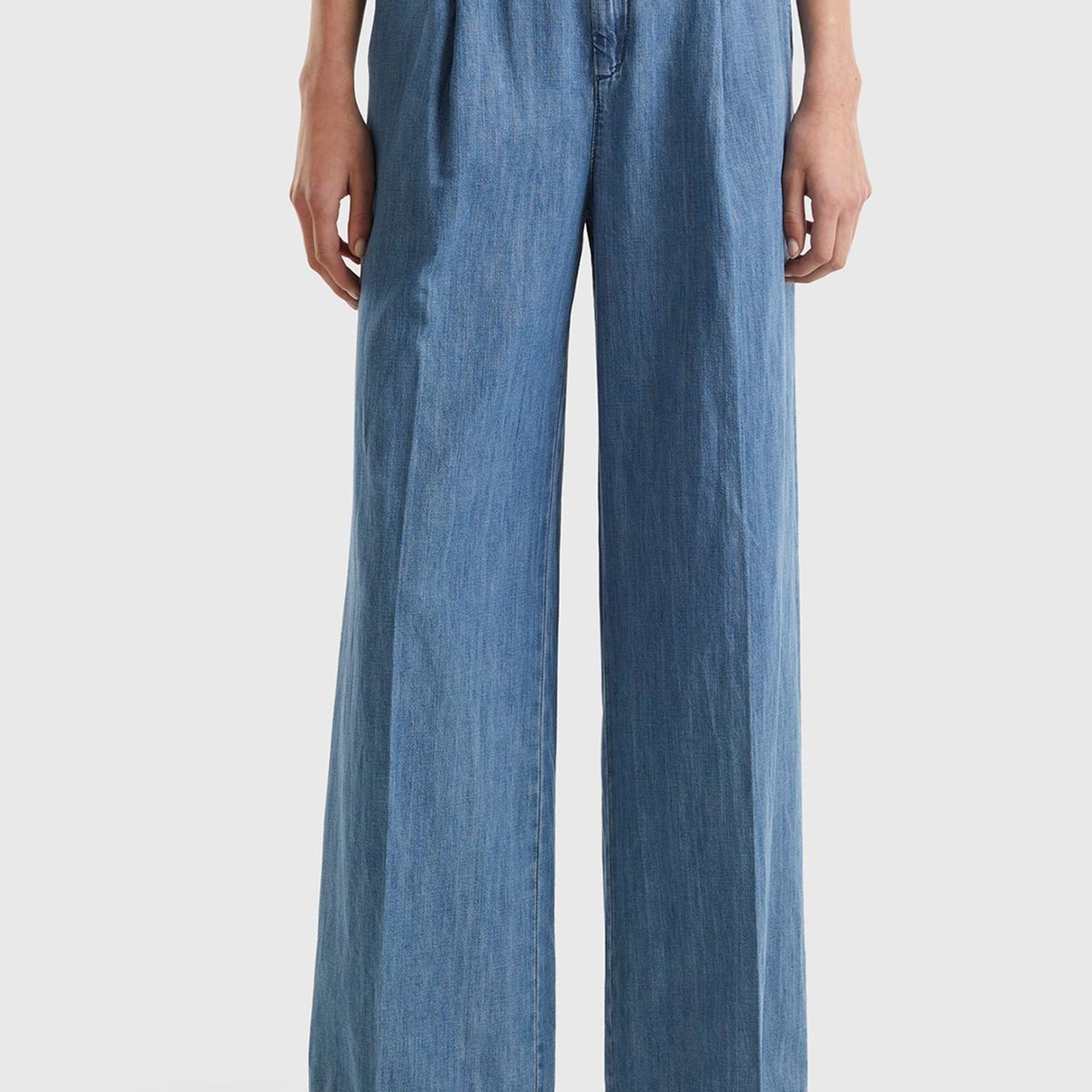 Kadın Mavi Pamuk Karışımlı Önü Pileli Beli Büzgülü Fermuarlı Pantolon